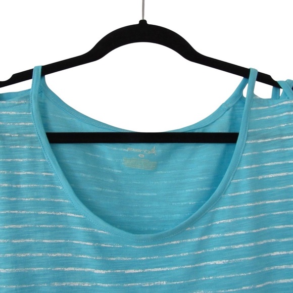 Exertek Turquoise Blue White Striped Short Sleeve Tee XL Cutout Shoulder Stretch - Picture 3 of 8